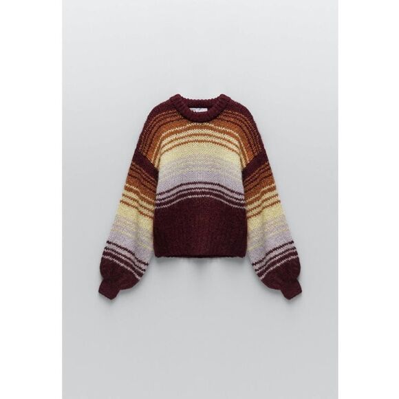 Zara Sweaters - Zara Stripped Balloon Sleeve Knit Alpaca/Wool Blend Sweater‎ Sz Medium Red
